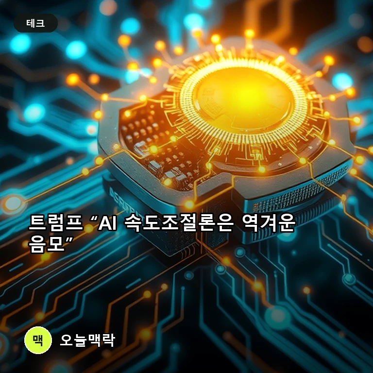 트럼프, AI 속도 조절론 정면 비판… “중국만 좋아할 역겨운 음모” 주제를 표현한 편집 이미지