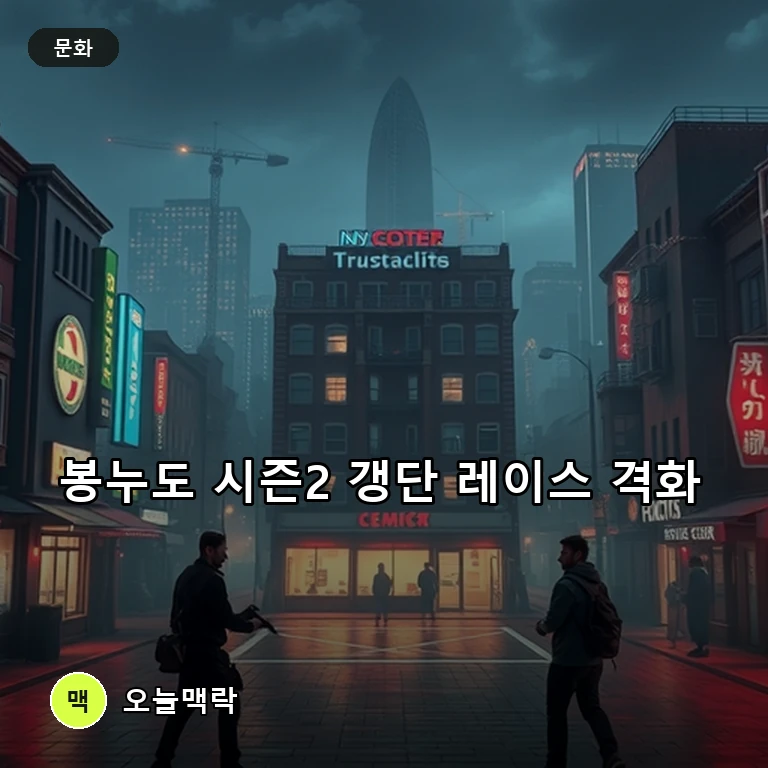 치지직 '봉누도 시즌2' 2일차 개막, 갱단 설립 레이스와 범죄 소동 격화 주제를 표현한 편집 이미지