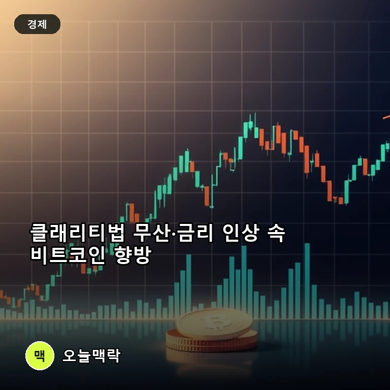 미국 금리 인상과 클래리티법 부결 속 비트코인 8만 달러선 안팎 등락 주제를 표현한 편집 이미지
