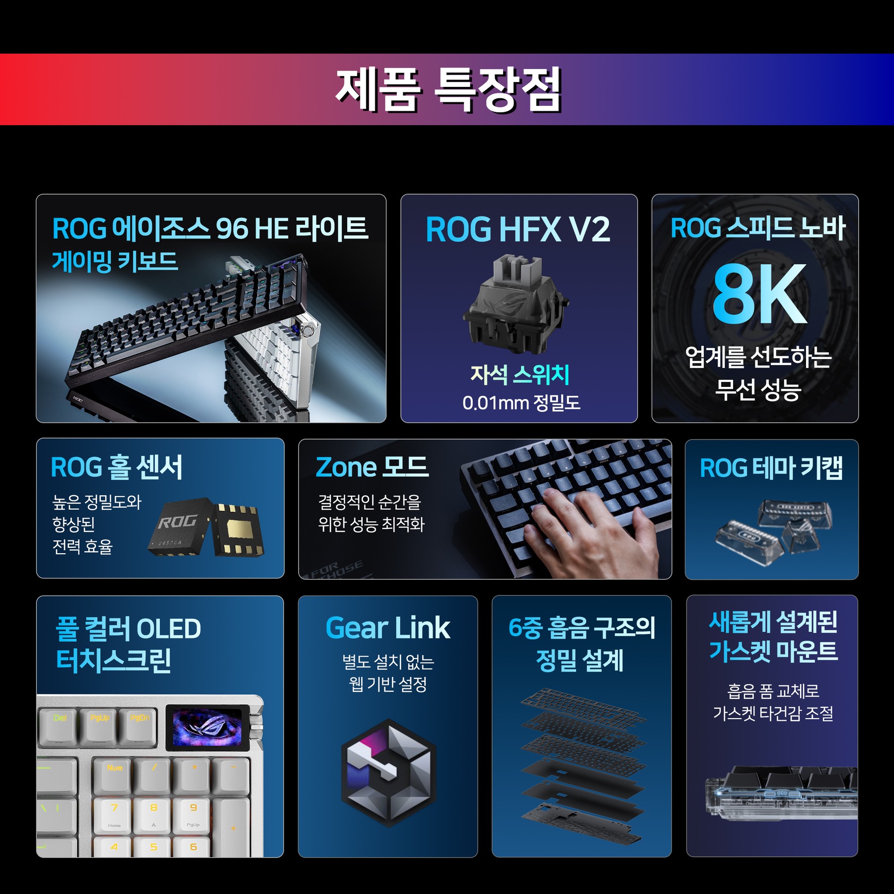 ROG 에이조스 96 HE 라이트 게이밍 키보드 자석축 블랙 제품 이미지