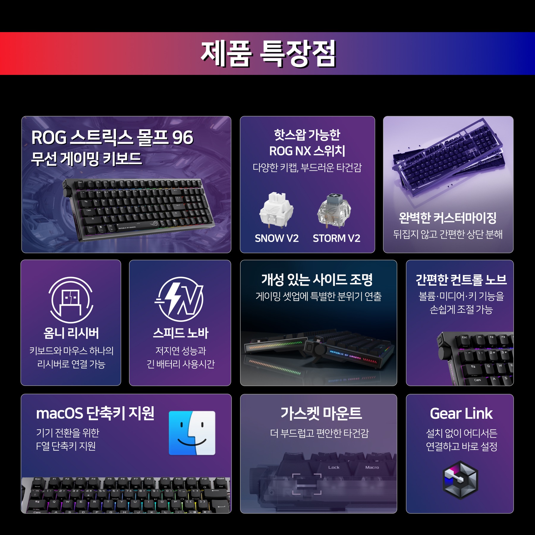 ROG 스트릭스 몰프 96 무선 게이밍 키보드 스톰축 제품 이미지