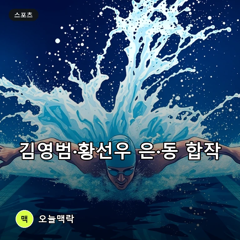 김영범·황선우 아시안게임 자유형 100m 은·동 합작, 판잔러와 0.04초 차 명승부 주제를 표현한 편집 이미지