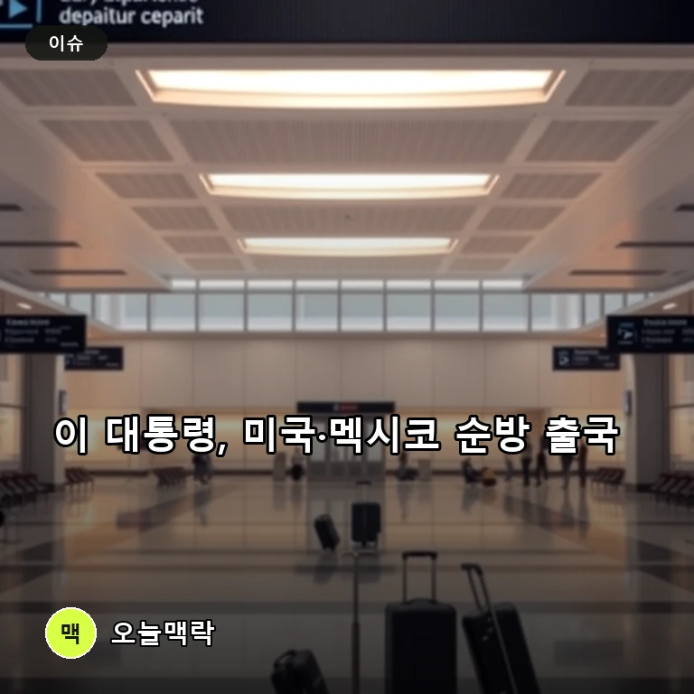 이재명 대통령, 미국·멕시코 순방길 올라…강훈식 비서실장 배웅 받아 주제를 표현한 편집 이미지