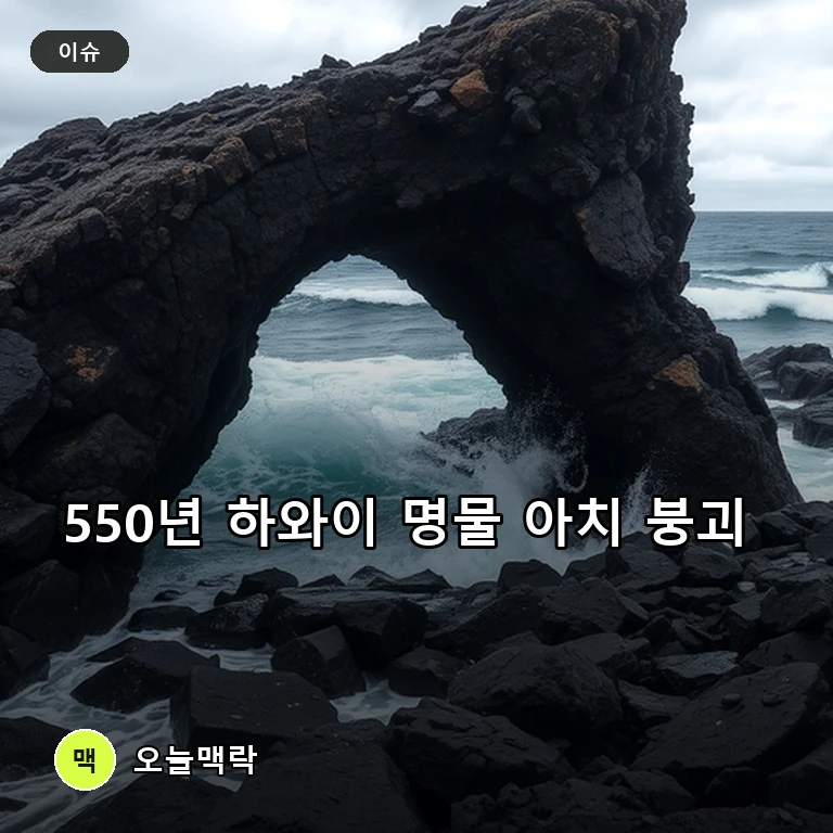 550년 버틴 하와이 명물 용암아치 붕괴…폭풍 지나간 뒤 사라져 주제를 표현한 편집 이미지